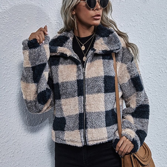 Cozy plaid zipper teddy jacket coat Shacket - Picture 6 of 7